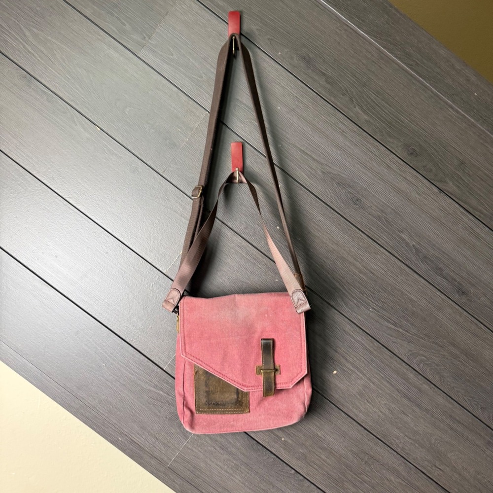 Vaschy Dusty Rose Canvas Crossbody Messenger Bag Leather Trim Adjustable Strap